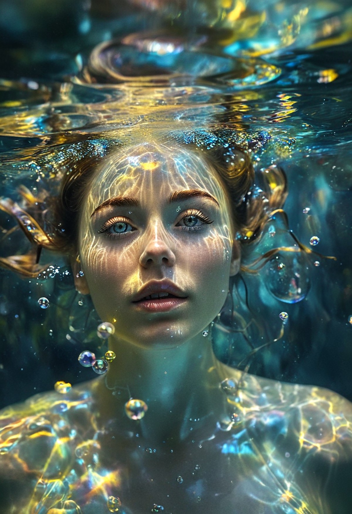 Yolanda swims underwater, dynamic pose, bubble air, hyper detailed render style, glow, yellow, blue, brush, shiny eyes, he...
